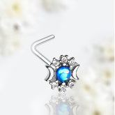 20G Blue Opal Crescent Moon L Shape Nose Stud